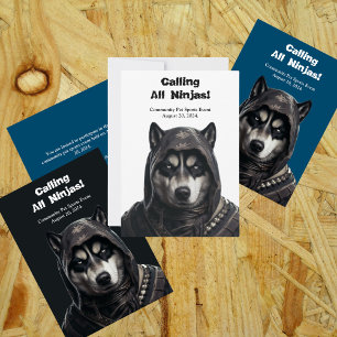 Ninja Husky Pet Dog Invitation Kaart Zwart Wit