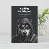 Ninja Husky Pet Dog Invitation Kaart Zwart Wit (Staand voorkant)
