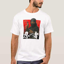 Ninja in het zwart met kanji en rode achtergrond t-shirt
