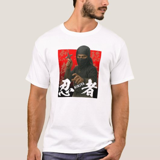 Ninja in het zwart met kanji en rode achtergrond t-shirt (Voorkant)