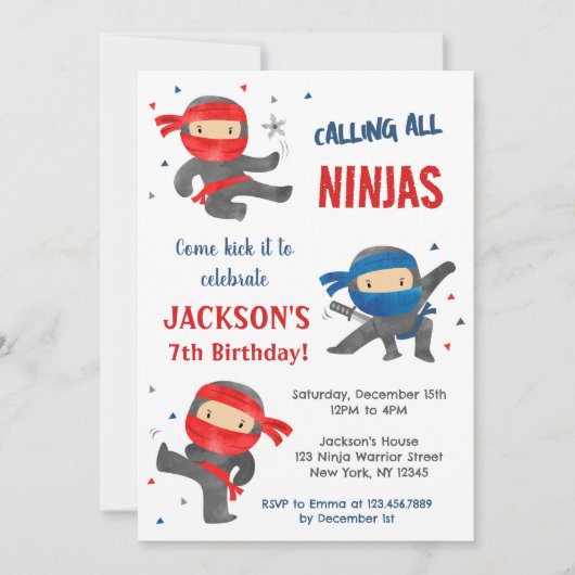 Ninja Karate Uitnodigingen voor verjaardagsfeestje (Voorkant)