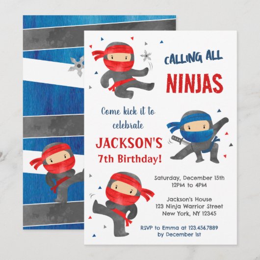 Ninja Karate Uitnodigingen voor verjaardagsfeestje (Voorkant / Achterkant)