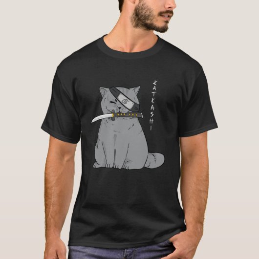 Ninja Kat met Samurai Zwaard in Mond T-shirt (Voorkant)
