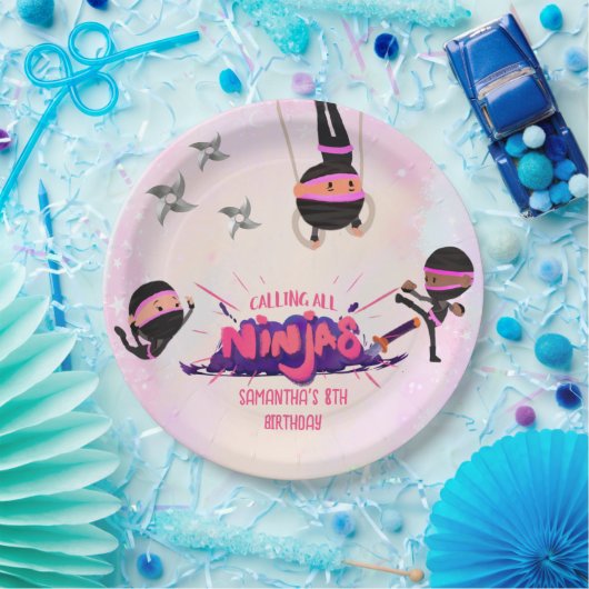 Ninja krijger meisjes roze papieren bordje (Feest)