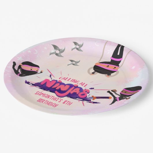Ninja krijger meisjes roze papieren bordje (Gekanteld)