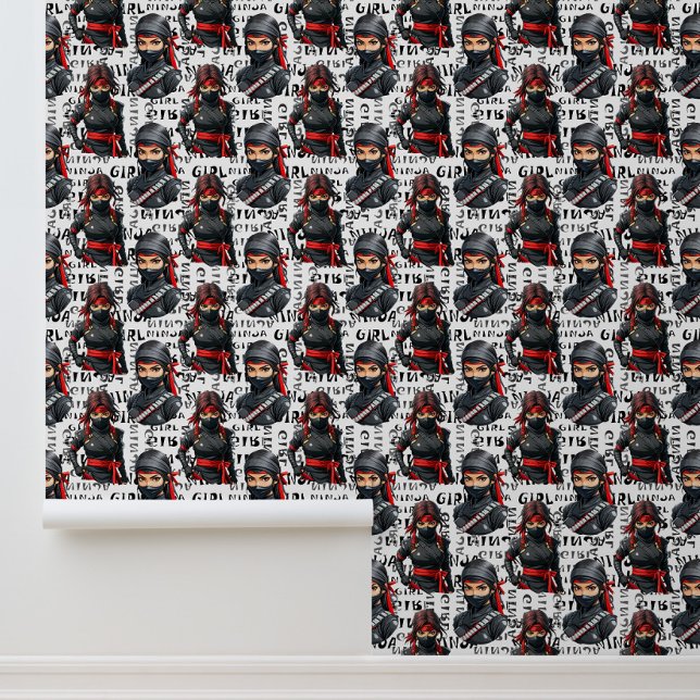 Ninja Meisjes Anime Met Tekst Patroon Ontwerp Behang (Creator heeft geüpload)