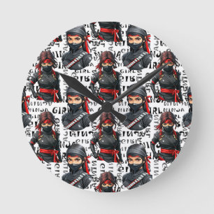Ninja Meisjes Anime Met Tekst Patroon Ontwerp Ronde Klok