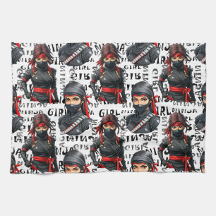 Ninja Meisjes Anime Met Tekst Patroon Ontwerp Theedoek