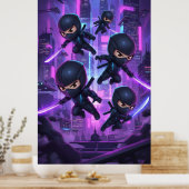 Ninja met gloeiend zwaard in futuristische stad poster (Keuken)