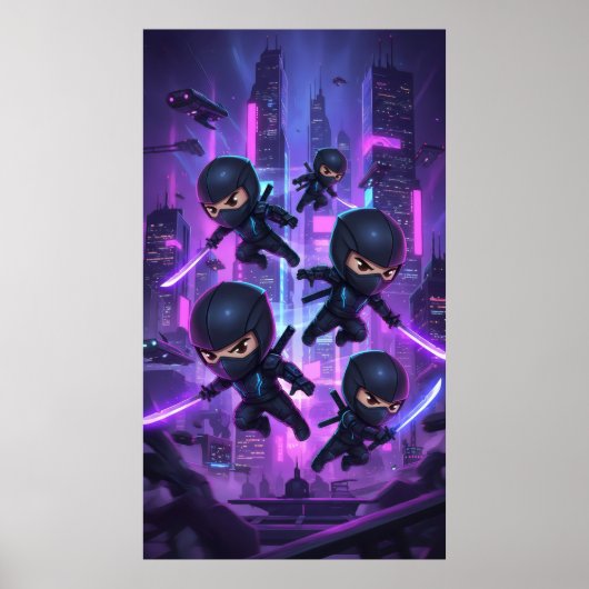 Ninja met gloeiend zwaard in futuristische stad poster (Voorkant)