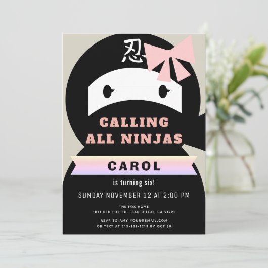 Ninja Pink & Black Girl Verjaardag Kaart (Staand voorkant)