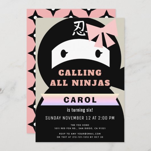 Ninja Pink & Black Girl Verjaardag Kaart (Voorkant / Achterkant)