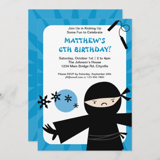 Ninja Power Blue Invitation Kaart (Voorkant / Achterkant)