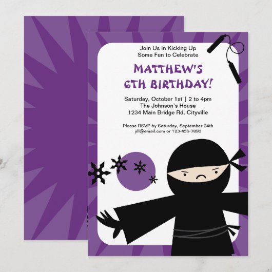 Ninja Power Paarse Uitnodiging (Voorkant / Achterkant)