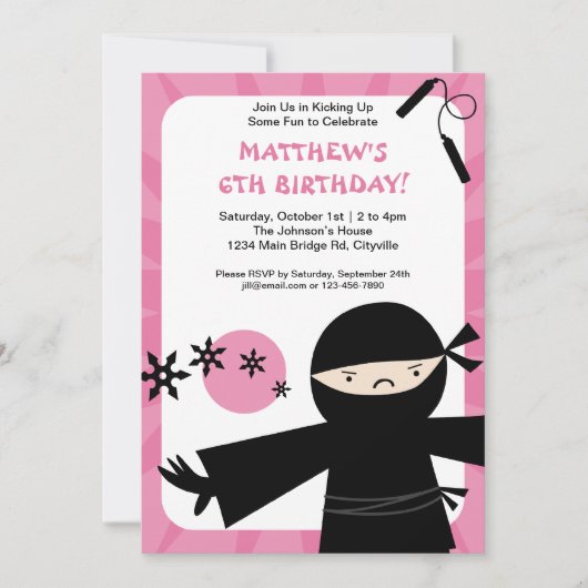 Ninja Power Pink Uitnodiging (Voorkant)