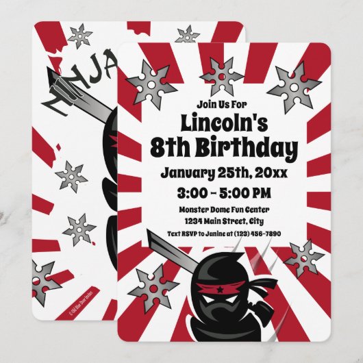 Ninja Samurai Warrior Kids Verjaardagsfeest Uitnod Kaart (Voorkant / Achterkant)