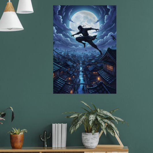 Ninja springt over daken onder maanlicht poster (Woonkamer 1)