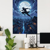 Ninja springt over daken onder maanlicht poster (Thuiskantoor)