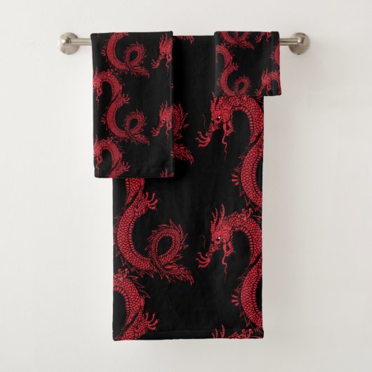Ninja Style Red Chinese Dragons & Black Bad Handdoek (Insitu)