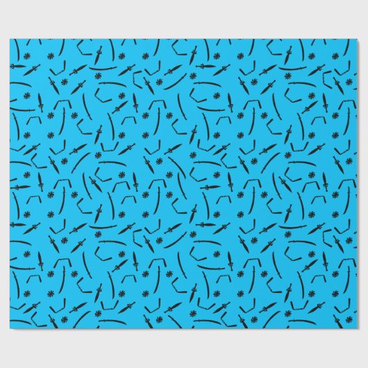 Ninja Sword en Throwing Stars Pattern Black Blue Cadeaupapier (Vlak)