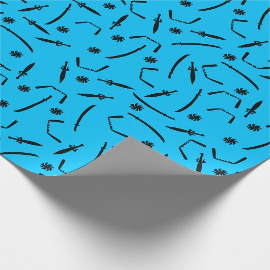 Ninja Sword en Throwing Stars Pattern Black Blue Cadeaupapier (Hoek)