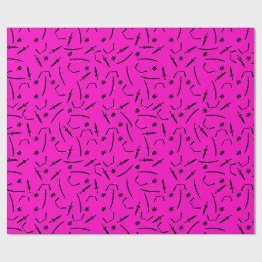 Ninja Sword en Throwing Stars Pattern Black Pink Cadeaupapier (Vlak)