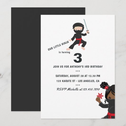 Ninja thema verjaardagsfeestje kaart (Voorkant / Achterkant)
