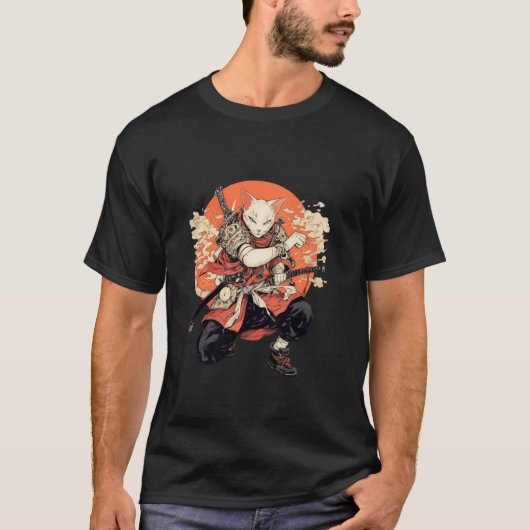 Ninja Vechtende Japanse Krijger Kat Samurai T-shirt (Voorkant)