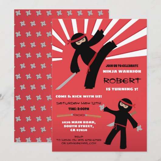 Ninja Verjaardag Party Warrior Red Boy's Fun Kaart (Voorkant / Achterkant)