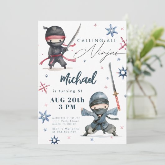 Ninja Verjaardag Uitnodiging | Karate voor vechtsp (Staand voorkant)