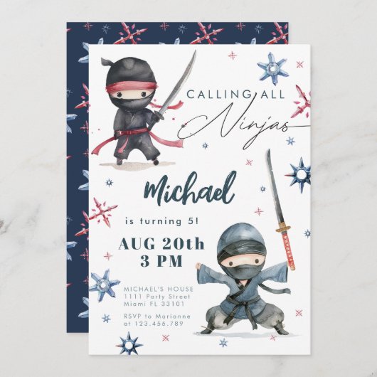 Ninja Verjaardag Uitnodiging | Karate voor vechtsp (Voorkant / Achterkant)