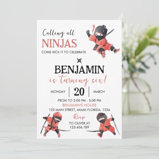 Ninja Verjaardag Uitnodiging Ninja Party (Staand voorkant)