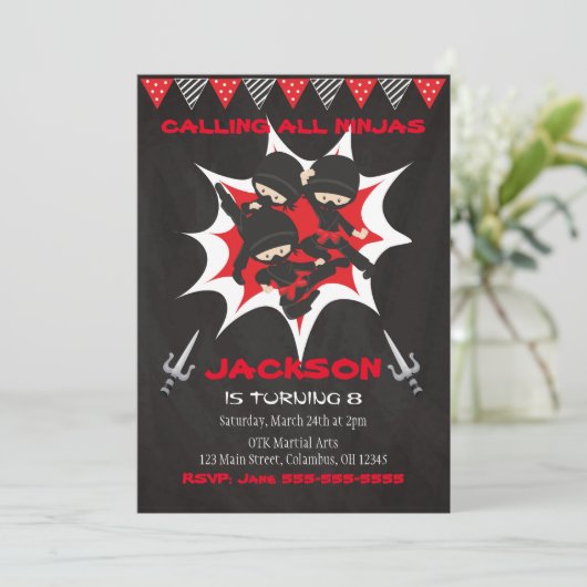 Ninja Verjaardag Uitnodiging, Ninja Verjaardag Par Kaart (Staand voorkant)