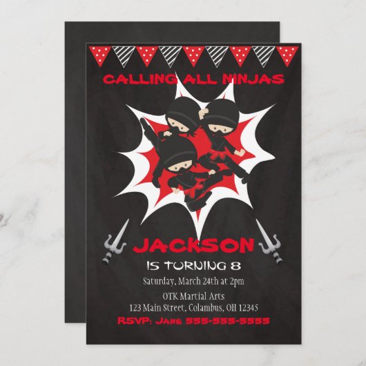 Ninja Verjaardag Uitnodiging, Ninja Verjaardag Par Kaart (Voorkant / Achterkant)