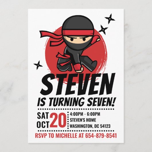 Ninja Verjaardag Uitnodiging, Ninja Warrior Uitnod Kaart (Voorkant)