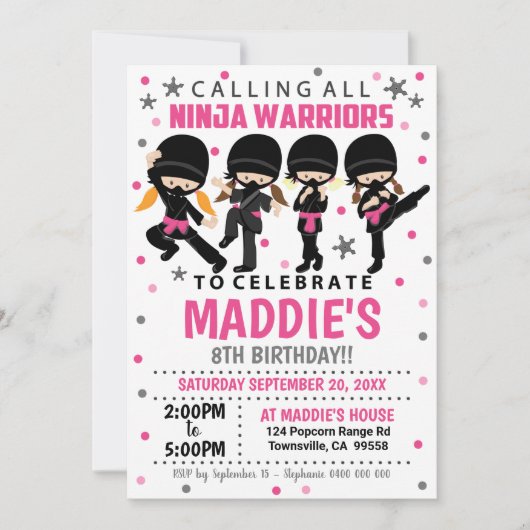 Ninja-verjaardagsuitnodiging meisje ninja kaart (Voorkant)