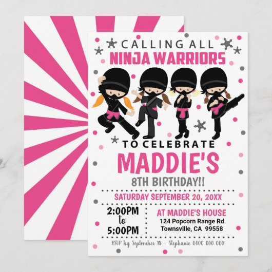 Ninja-verjaardagsuitnodiging meisje ninja kaart (Voorkant / Achterkant)