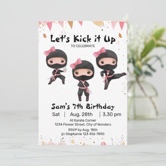 Ninja verjaardagsuitnodiging - Ninja Girl Party Kaart (Staand voorkant)