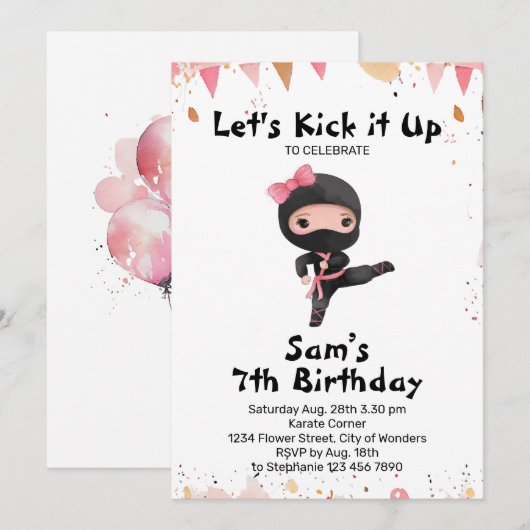 Ninja verjaardagsuitnodiging - Ninja Girl Party Kaart (Voorkant / Achterkant)