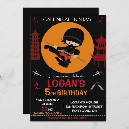Ninja verjaardagsuitnodiging Ninja-strijder Kaart (Voorkant / Achterkant)