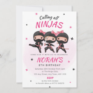Ninja-verjaardagsuitnodiging Roze Meisjes Karate-f Kaart