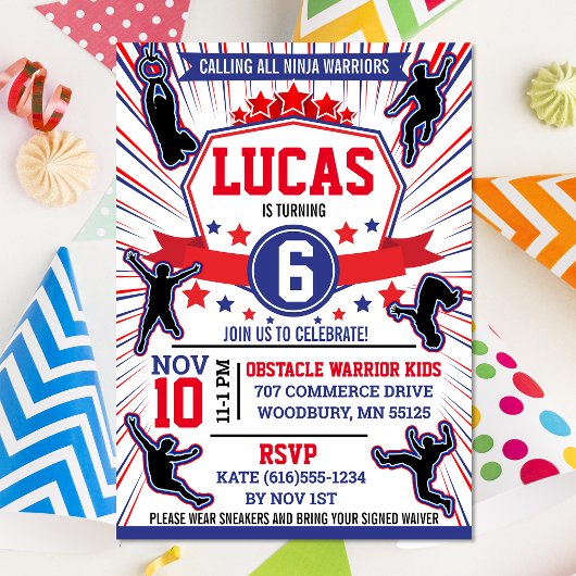 Ninja Warrior Birthday Party Obstacle Course Invit Kaart