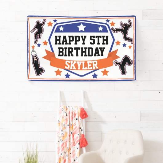 Ninja Warrior Boys Birthday Party Blue & Oranje Spandoek (Insitu)