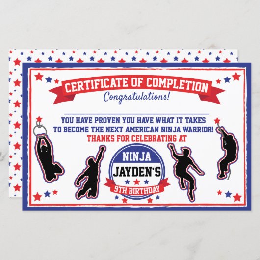 Ninja Warrior Boys Party Certificate of Completion (Voorkant / Achterkant)