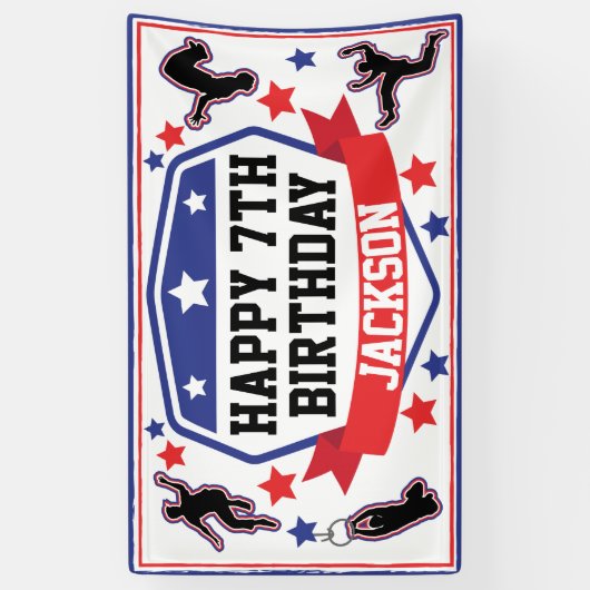 Ninja Warrior Boys Verjaardagsfeestje Blauw & Rood Spandoek (Verticaal)