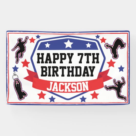 Ninja Warrior Boys Verjaardagsfeestje Blauw & Rood Spandoek (Horizontaal)