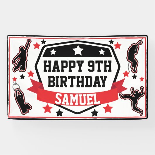 Ninja Warrior Boys Verjaardagsfeestje Zwart & Rood Spandoek (Horizontaal)