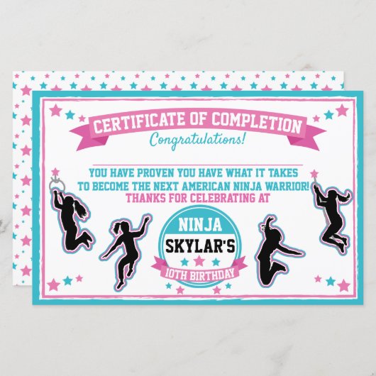 Ninja Warrior Girl Party Certificate of Completion (Voorkant / Achterkant)