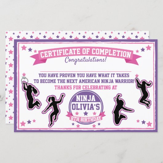 Ninja Warrior Girl Party Certificate of Completion (Voorkant / Achterkant)