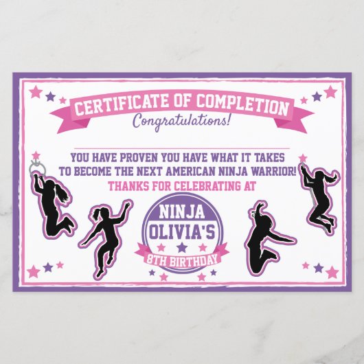Ninja Warrior Girl Party Certificate of Completion (Voorkant)